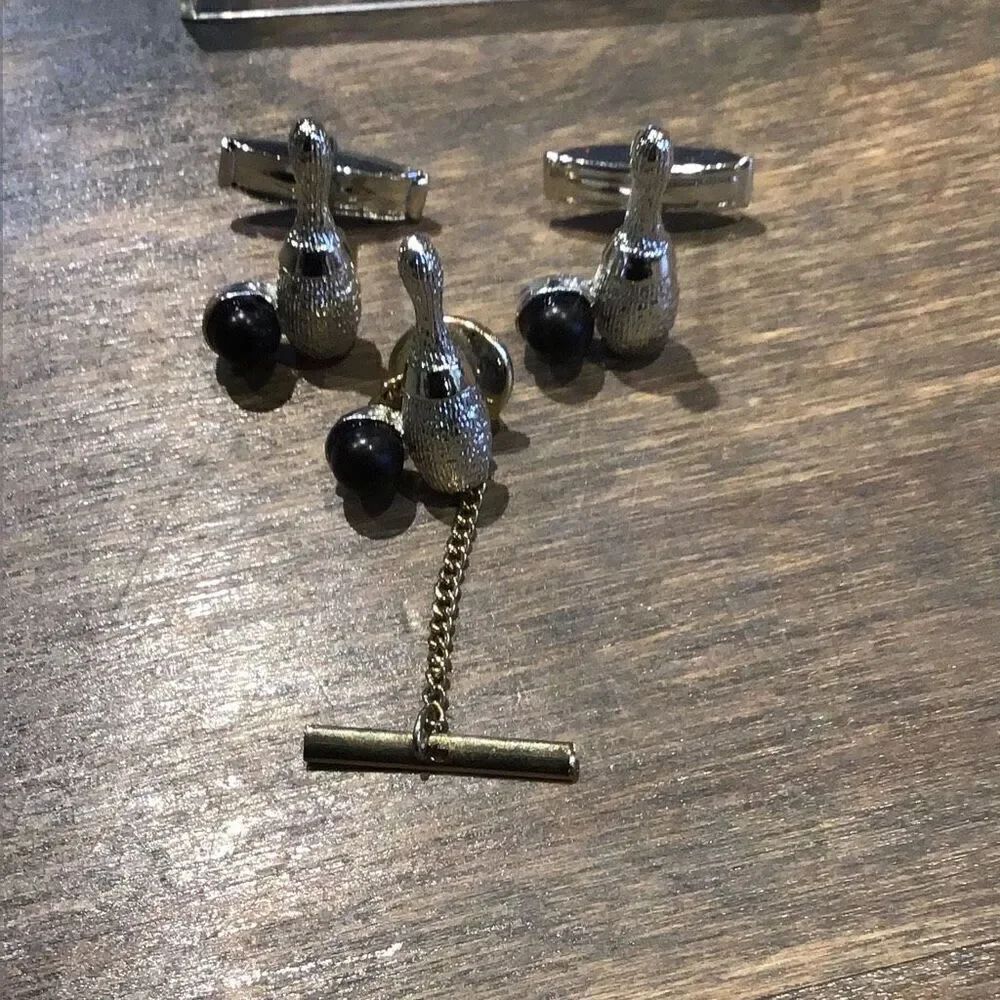 Bowling pin, and bowl set of cufflinks and tie tack